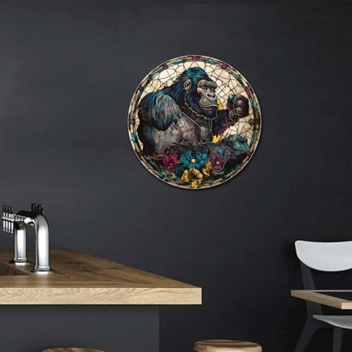 Metal Sign Tin Sign Circular Stained Glass Gorilla Wall Art for Club 12×12 Inches (12×12 Inches / Gorilla-1)