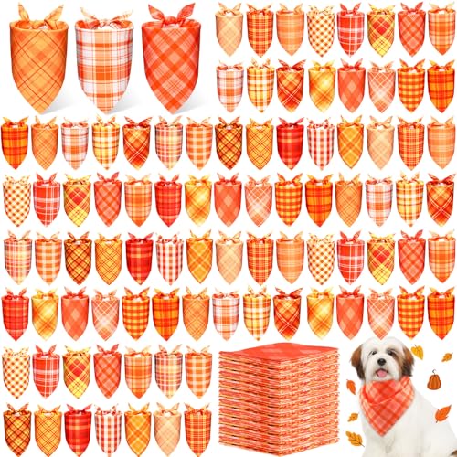 200 Pcs Fall Plaid Dog Bandanas Bulk (Orange, Yellow / Fall Plaid)