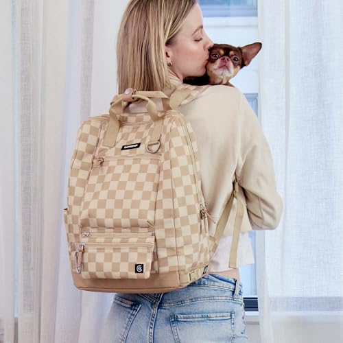 Porter 2-in-1 Dog Gear Travel Backpack - 10 Pockets, Checkerboard (Tan Checkerboard)