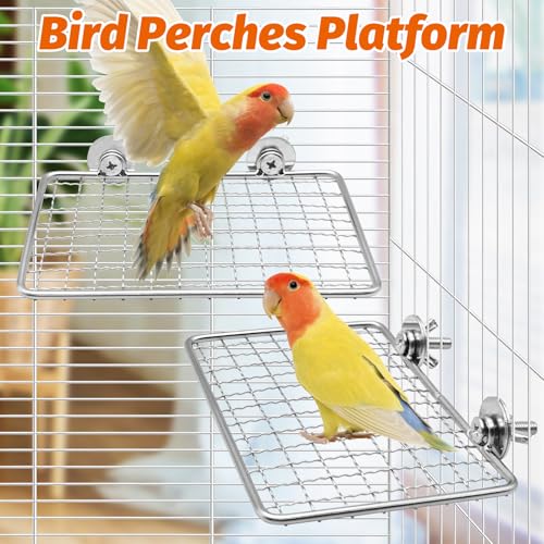 Bird Perch Platform 2 Pcs Stainless Steel Grid Parrot Perches Stand Shelf Parrots Platform Perch Small Birds Cage Accessories for Parakeets