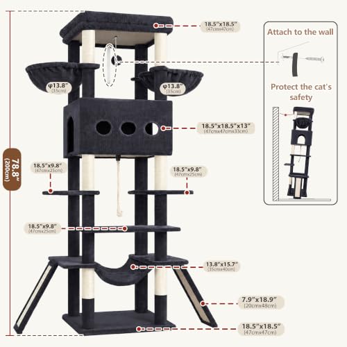 Cat Tree 78.7'' Tall Tower with Extra Wide Top Platform GCT804G (78.7 inches / Smoky gray)