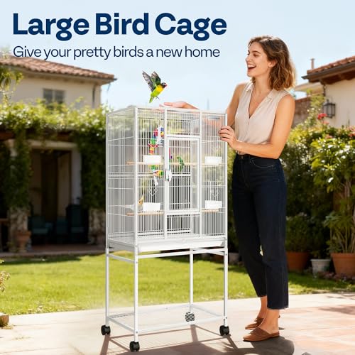 54 Inch Wrought Iron Large Bird Cage with Rolling Stand (White)