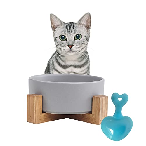 Ceramic Dog Cat Bowl with Wood Stand (【1Pcs Grey】)