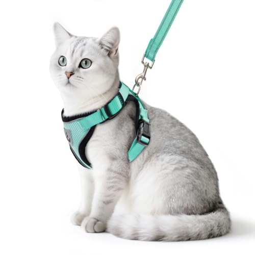 Cat Harness and Leash Set Escape Proof Reflective Cat Walking Harness Adjustable Soft Breathable Mesh Vest for Small Pets (L (NECK 14"-18", CHEST 18"-26.5") / Aquamarine)