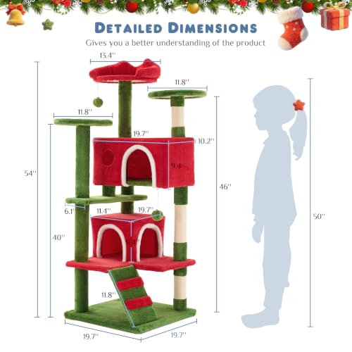 54 Inch Cat Tree Tower with Scratching Posts (Red & Green / 54 Inch)