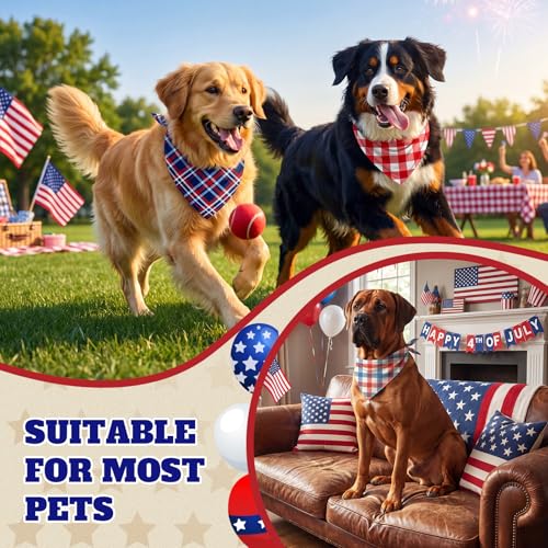 50 Pcs Veterans Day Dog Bandanas Bulk (Red White Blue Plaid / 31.5 x 21.7 x 21.7")