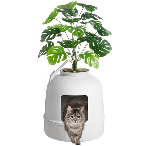 Hidden Plant Cat Litter Box with Plastic Scoop (White)