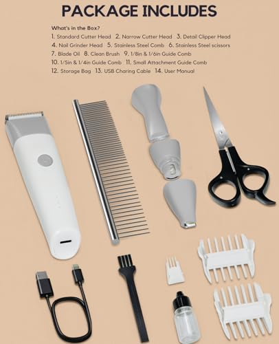 4 in 1 Rechargeable Dog Clippers Grooming Kit with 2 Speeds and Low Noise (Gray)