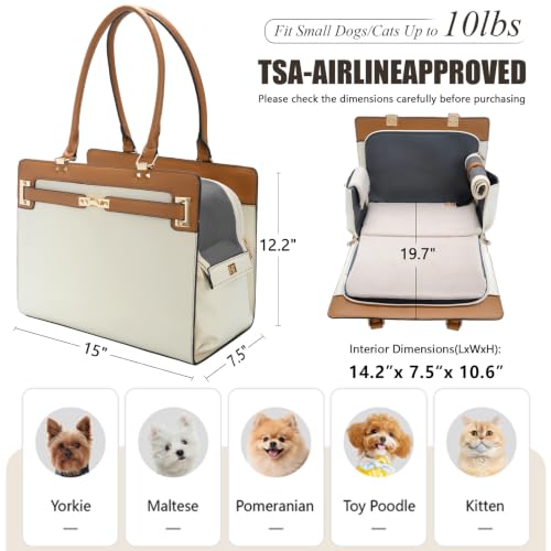 2-in-1 Stylish Dog Purse Carrier Soft-Sided Carriers Travel Tote Bag for Small Dogs Cats, Fashion Foldable Pet Bag for Puppies Small Animals with Pockets (Beige+Brown, 15" L x 7.5" W x 12.2" H) (Beige+Brown / 15" L x 7.5" W x 12.2" H)