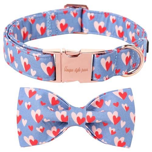 Valentine's Day Dog Collar with Bow Tie Red Blue Pink Heart Love Puppy Collar Best Gothic Style Gift for Small Medium Large Boys Girls (X-Small / love heart-bow)