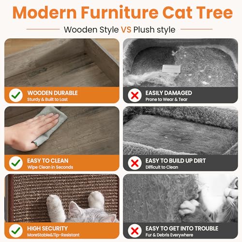 48in Wood Modern Cat Tree for Large Indoor Cats with Big Perch Bed (Greige3 / 48 Inches)