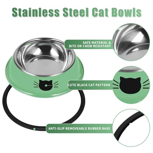 2 Pcs Non Slip Stainless Steel Small Cat Food Bowls (Green / 7 oz)
