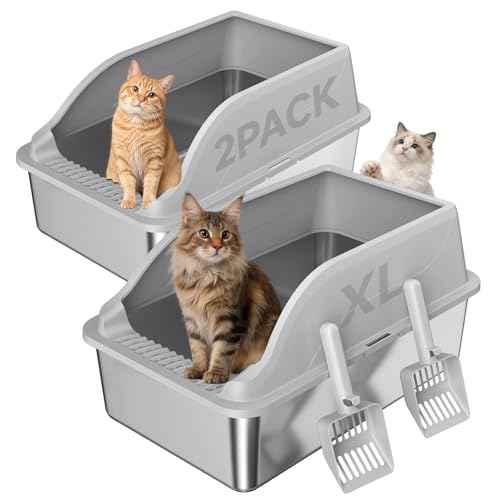 2PACK Stainless Steel Cat Litter Boxes XL Large Metal Pan Include Scoop (Grey 2pack)