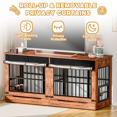 78" Double Dog Crate Furniture with Divider (Vintage Brown / 78.7"L x 27.6"W x 33.5"H)