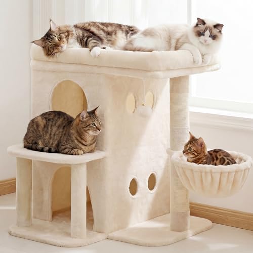 26.3" Cat Tree for Large Cats with Big Perch & Dual Condos HCT204SM (Beige / 26.3 inch)