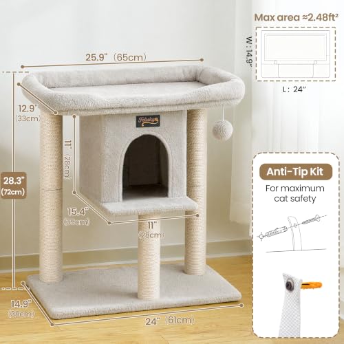 Cat Tree Tower Scratching Post for Indoor Large Adult Cats with Perch Bed (Light Grey / 28 Inches)