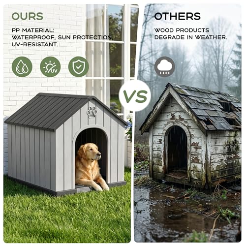 Large Dog House for Outdoor Indoor Use Stable Plastic Waterproof Doghouse with Air Vents and Elevated Floor Easy to Clean and Assemble for Medium to Large Dogs (Black / 36''L×38''W×38''H)