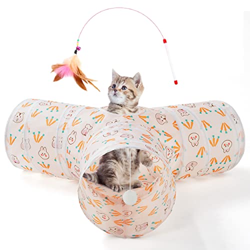 Cat Tunnel, 3-Way Collapsible Toy for Indoor Cats, Pink Rabbit (Pink Rabbit / Small)