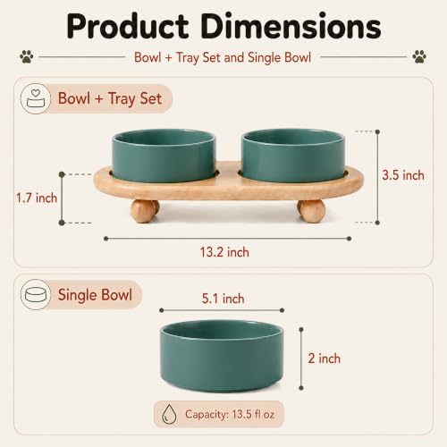 Raised Cat Bowl 5.1” Elevated Ceramic Cat Food and Water Bowl Set (Dark Green)