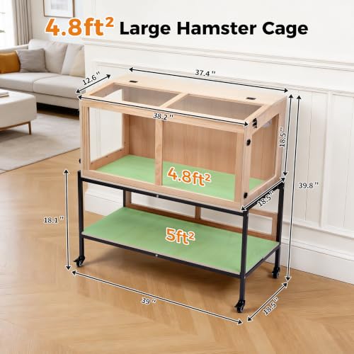 Wooden Hamster Cage with Storage Shelf＆Lockable Wheels 39"X18"X40" (39"L x 18"W x 40"H)