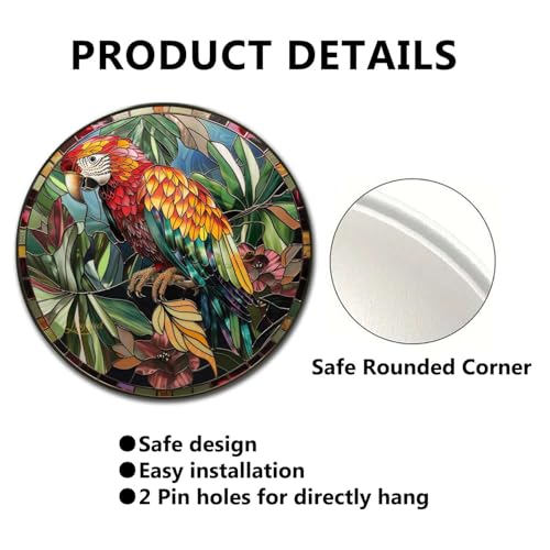 Metal Sign Tin Sign Circular Stained Glass Parrot Funny Outdoor Decor for Restaurant 12×12 Inches (12×12 Inches / Parrot)