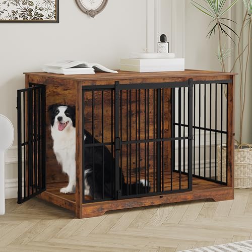 44.1" XL Dog Crate Furniture Indoor Dog Kennel with Barn Door (44.1"L x 27.6"W x 31.9"H / Rustic Brown)