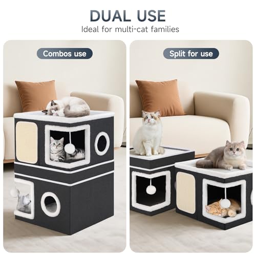 2 Story Cat House beds for Indoor Cats with Scratch Pads Black (Black / Double)