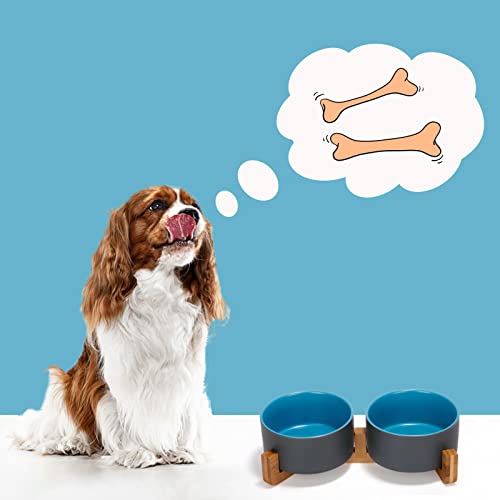 Ceramic Dog and Cat Bowl Set with Wooden Stand (3.6 cups / Blue-Grey × 2)