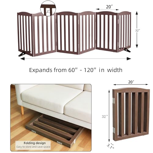 Foldable Freestanding Indoor Dog Gate for House Wood Long Pet Gates Dog Fence for Stairs Puppy Gates for Hallways (Brown / 【6 Panels】120''w X 32''h)