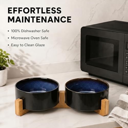 Ceramic Dog and Cat Bowl Set with Wooden Stand (3.6 cups / Starry Blue × 2)