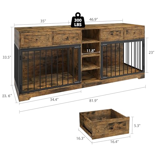 82" Double Dog Crate Furniture with Drawers and Shelves (Brown / 81.9"L x 23.6"W x 33.5"H)
