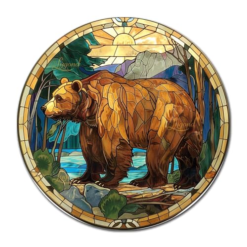 Metal Sign Tin Sign Circular Stained Glass Bear Home Decor for Patio 12×12 Inches (12×12 Inches / Bear)