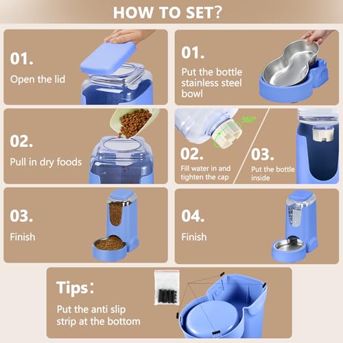 Portable Automatic Cat Feeder and Water Dispenser with Stainless Steel Bowl Dog Gravity Food Feeder and Waterer for Small Medium Pets Puppy Kitten 1 Gallon x 2 (Sapphire Blue)