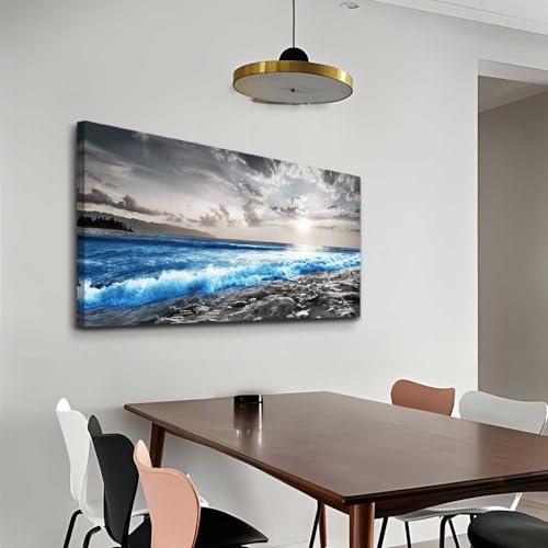 Wall Decor For Living Room Framed Canvas Wall Art For Office Bedroom Decorations Blue Ocean Wall Painting Black and White Beach Pictures Artwork Modern Mural Home Walls Decor (40"L x 20"W / Blue Sea Wave Pictures)
