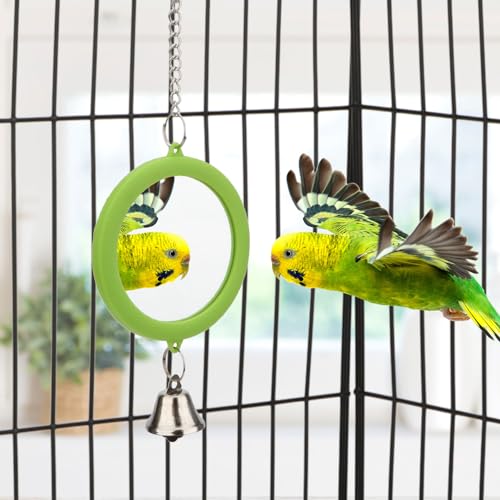 Bird Mirror Toy with Bell Interactive Parrot Hanging Mirror (GREEN)