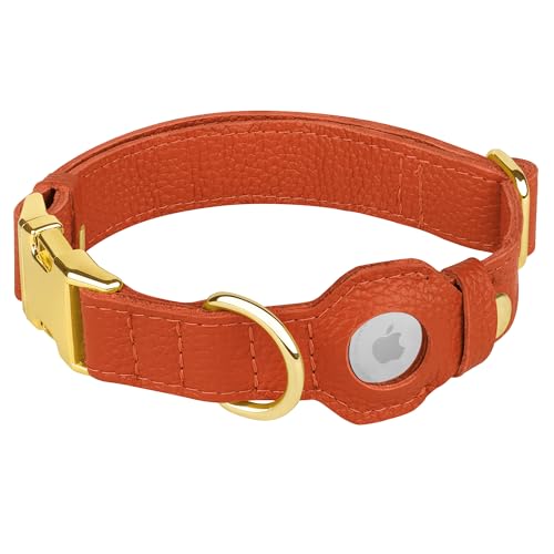 Leather Airtag Dog Collar (Orange / L, 17"-21" Neck Fit)