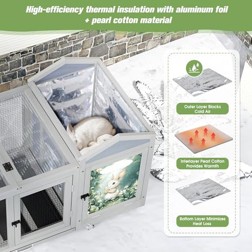 39IN Heated Rabbit Hutch with Wheels (Grey)