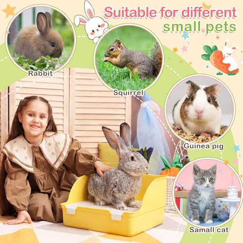 15 Pcs Rabbit Starter Kit Small Rabbit Litter Box Girls Gift Animal Grooming Kit Bunny Toys Bowl Blankets with Cleaning Set for Guinea Pig Accessories (Yellow)