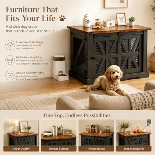 43.3" Dog Crate Furniture with Sliding Doors for Large Dogs Up to 55 lbs (Black / 43.3"L x 31.5"W x 37.2"H)