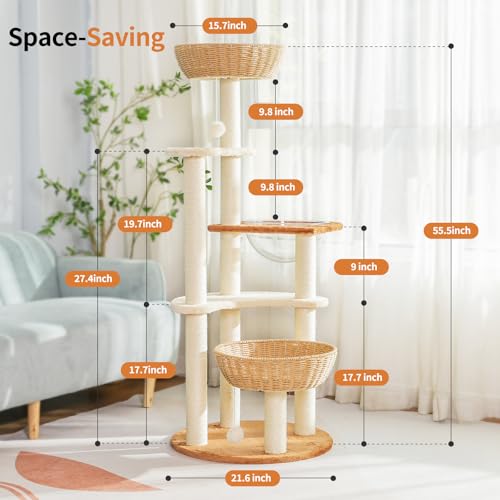 55.5 Inch Modern Cat Tree for Large Cats with Woven Basket Beds (3)