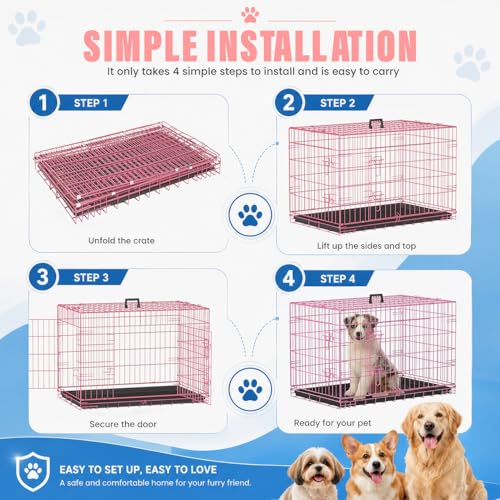 Dog Crate for Medium Dogs 36 Inch Folding Kennel Metal Pet Cage Pink (Pink / 36.0"L x 22.0"W x 24.0"H)
