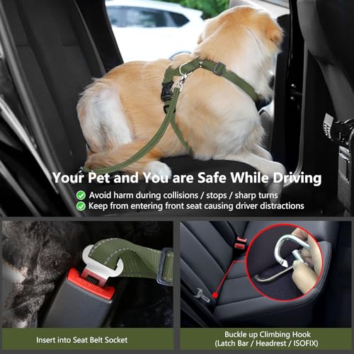 Dog Seat Belt Vest Harness for Car (Full Army Green / L (Chest: 22-32.3", Neck: 16.9-26"))