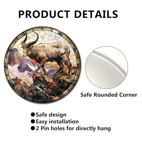 Metal Sign Tin Sign Circular Stained Glass Mountain Goat Tin Sign Gift for Garage 12×12 Inches (12×12 Inches / Mountain Goat-1)