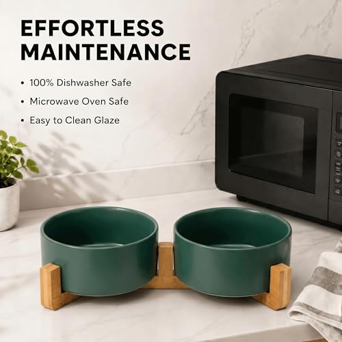 Ceramic Dog and Cat Bowl with Wood Stand Non (3.6 cups / Green × 2)