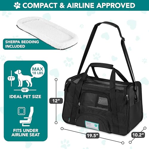 Airline Approved Pet Carrier for Cats & Small Dogs (Black / 19.5"L x 10.2"W x 12.0"H)
