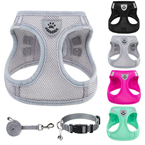 Adjustable Dog Harness Collar and Leash Set Step in No Pull Pet Harness for Small Medium Dogs Puppy and Cats Outdoor Walking Running (Solid Grey / XS (CHEST 13"-14.5"))