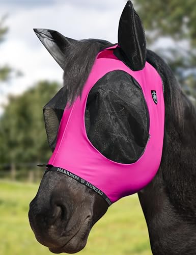 Horse Fly Mask with Forelock Opening Stretch Breathable and Comfortable for Horses UV (Fuchsia / L)