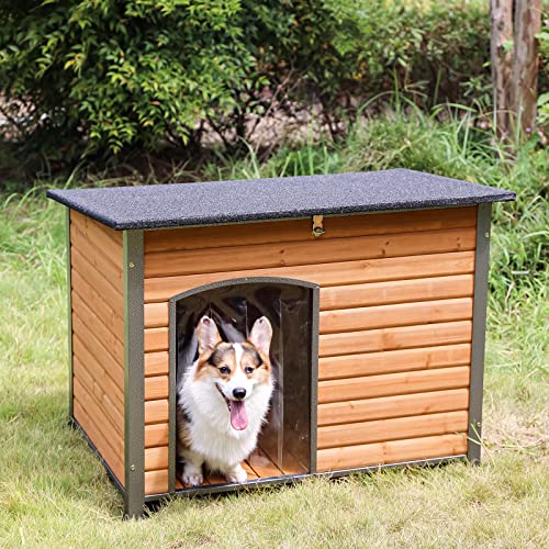 Insulated Dog House Outdoor & Indoor Wooden Dog Kennel for Winter with Raised Feet Weatherproof for Small & Medium & Large Dogs (43.3"Brown)