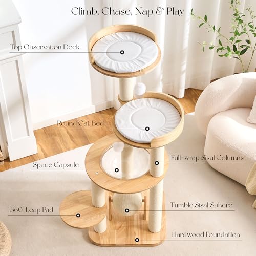 Modern Solid Wood Cat Tree Tower (49 Inch-Scratch Ball)