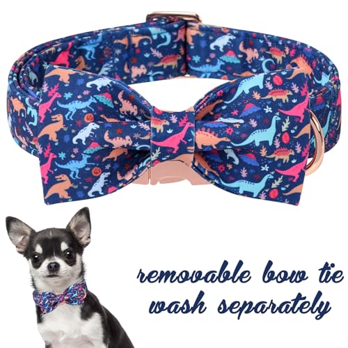 Cartoon Dog Collar with Bow Spring Summer Collar with Flower Dinosaur Park for Small Medium Large Boys Girls Dogs (X-Large / Dinosaur Park bow)